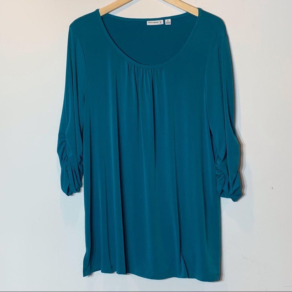 EUC‎ Susan Graver beautiful teal gathered neckline scrunch sleeve blouse